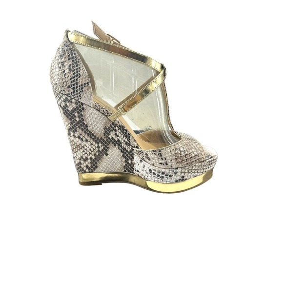 INC Snakeskin platform wedge high heals shoes With Gold Metallic T-Straps Sz 6 - Picture 4 of 10